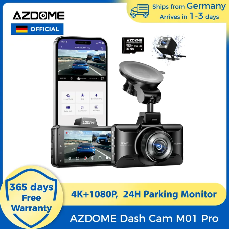 AZDOME 4K Kamera Samochodowa M01 Pro z 3-calowym Ekranem, Przednia i Tylna Kamera do Auta, Wbudowany ADAS, Wifi, G-Sensor, Rejestrator Samochodowy DVR, Tryb Parkowania 24H
