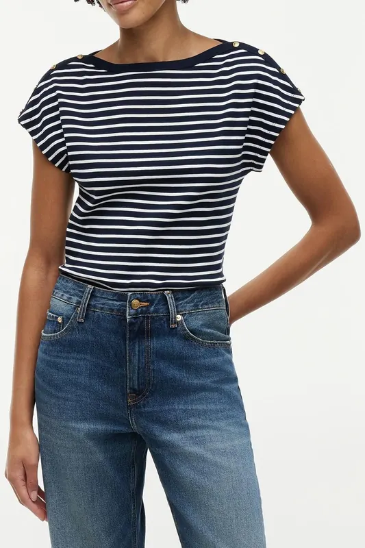 Tommy Hilfiger Gold-tone Button Boat Neck T-shirt Breton Dark Night Navy/ca Maat: S | Tops Outlet | Dames | Blauw