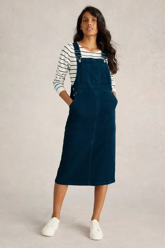 White Stuff Emmie Organic Cord Midi Pinny Dark Teal Maat: 8 Petite | Midi Jurken Outlet | Dames | Blauw