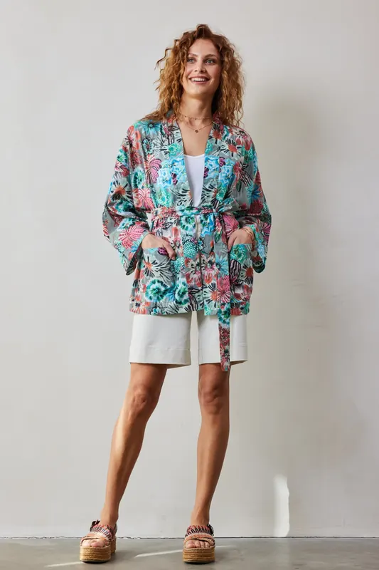 DIDI Kimono In Granite Green With Floral Medley Print Maat: 42-44 | Badjassen Outlet | Dames | Groen