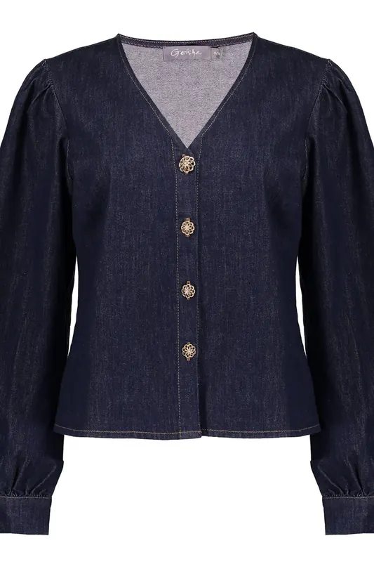 Geisha Blouse Denim Dark Blue Denim Maat: L | Longsleeves Outlet | Dames | Blauw