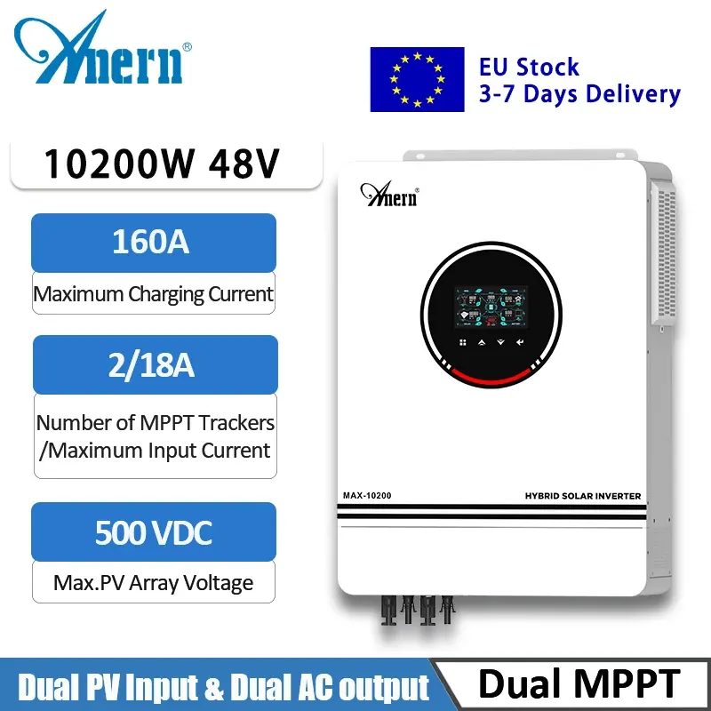 Anern 10.2KW Hybrydowy falownik off-gridowy 48v na sieci Falownik solarny Pure Sine Wave Bulit In 160A MPPT Solar Controller