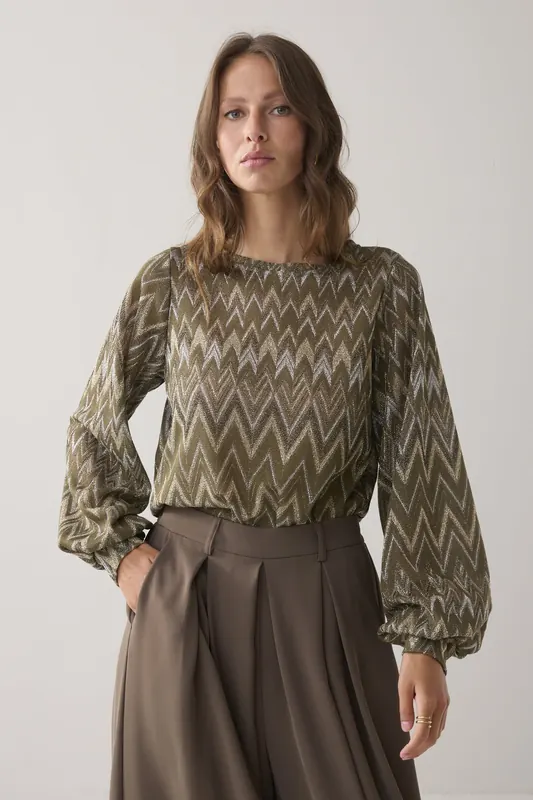 Summum Woman Top Long Sleeve Zig Zag Lurex Dark Camo Maat: XS | Longsleeves Outlet | Dames | Bruin