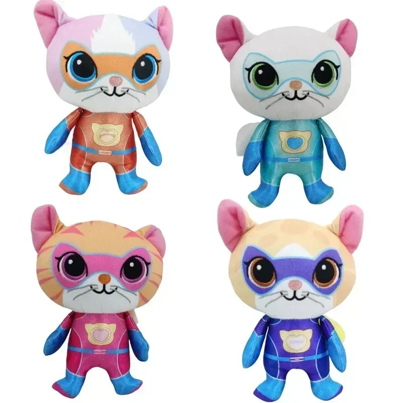 4szt Super Kitties Team Anime Pluszowe zabawki Kryształowa super miękka pluszowa lalka Niebieski kotek Zielony kotek Żółty kotek Lalka Zabawka dla dzieci