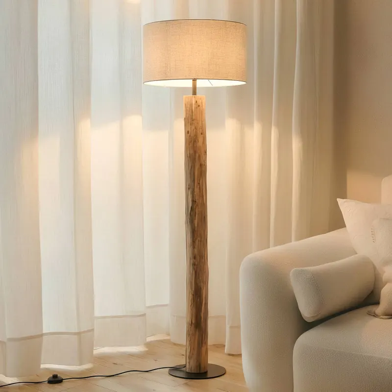 Lucande Lampa stojąca Jorvan, kremowa, eukaliptus, len