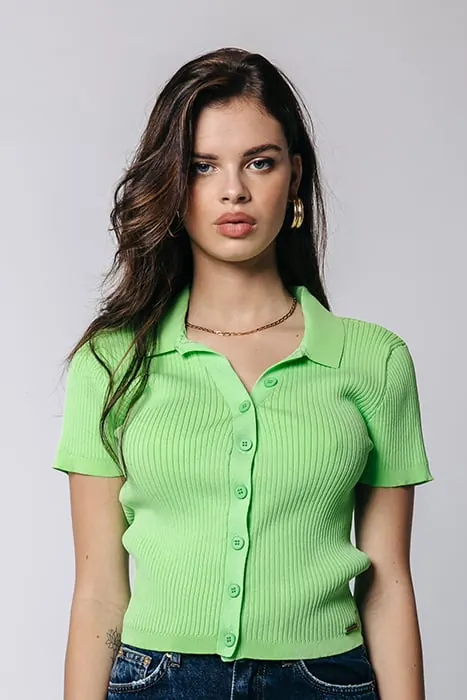 Colourful Rebel Nora Fine Knit Cropped Polo Mint Maat: XS | Cardigans Outlet | Dames | Groen