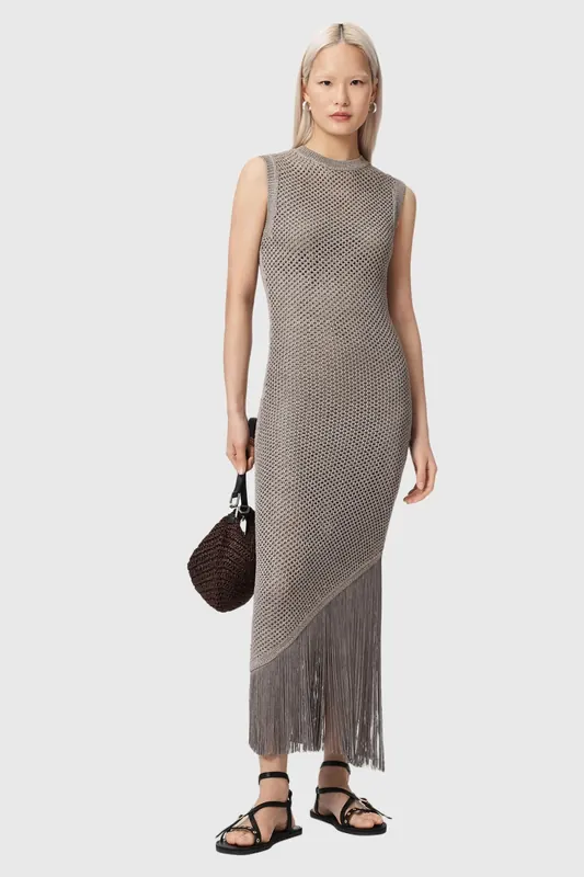 AllSaints Jessie Sl Dress Pebble Grey Maat: XS | Maxi Jurken Outlet | Dames | Grijs