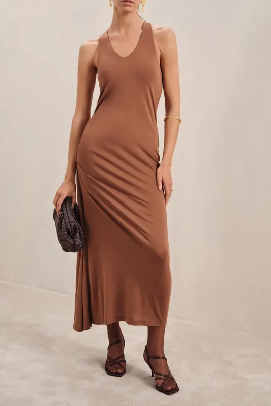 Reiss Side Ruched Jersey Midi Dress Brown Maat: 16 | Midi Jurken Outlet | Dames | Bruin