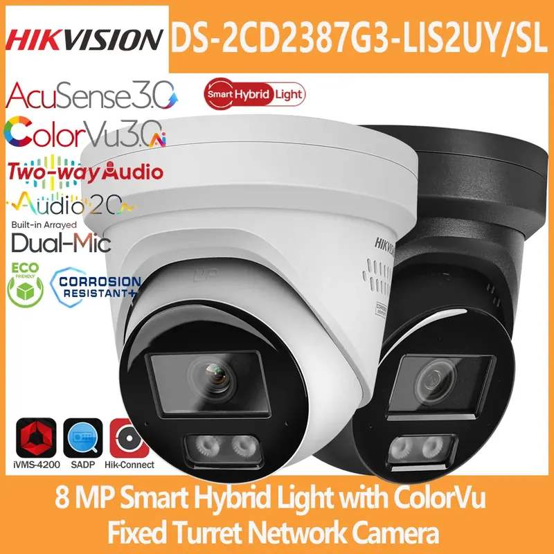 Kamera IP Hikvision 8MP DS-2CD2387G3-LIS2UY/SL Smart Hybrid Light ColorVu 4K Turret z dwukierunkowym audio, światłem stroboskopowym i alarmem dźwiękowym