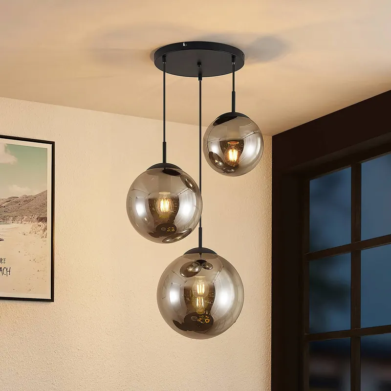 Lampa wisząca Lindby Teeja, dymna, 3-punktowa, Ø52 cm, szkło, E27