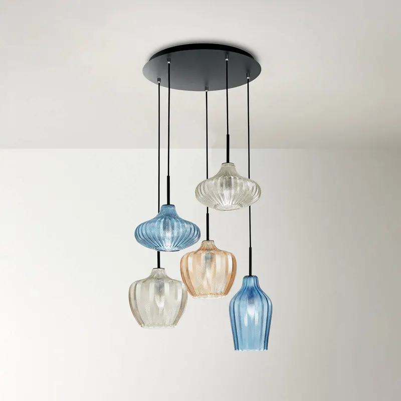 Lampa wisząca Olbia, Ø 50 cm, 5-punktowa, bursztynowy/niebieski/beżowy,