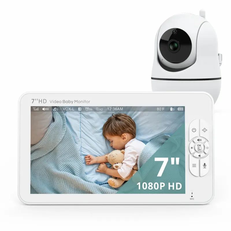 Babystar 7' Wideo Niania Elektroniczna, Wyświetlacz HD 1080P, IPS, Obsługa 2 Kamer HDC, 24-godzinna Żywotność Baterii, Zasięg 300m, Tryb Rozdzielony, Babyph