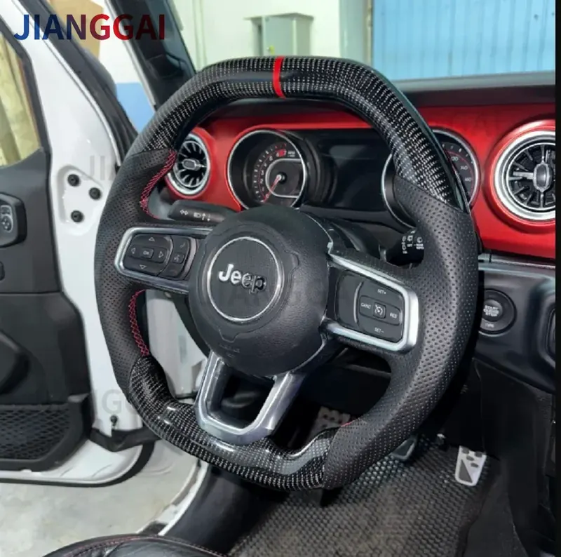Perforowana skórzana kierownica z włókna węglowego do Jeep Wrangler JL 2018-2024 kierownica płaska górna płaska podeszwa akcesoria