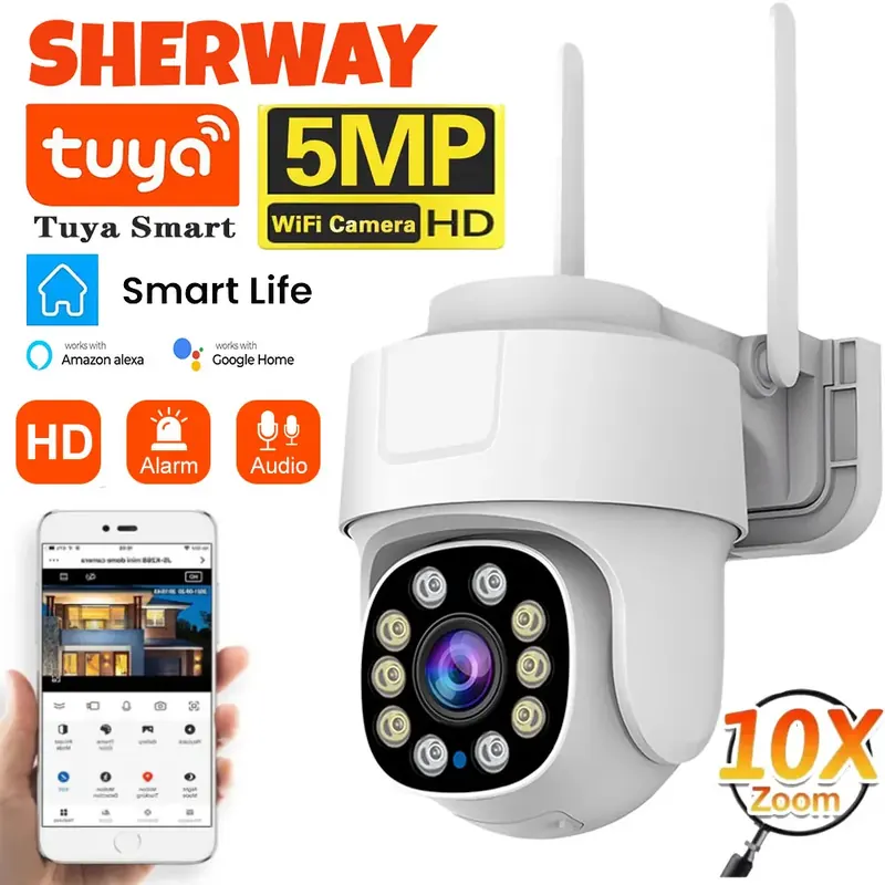 Kamera IP Tuya Wifi PTZ Zewnętrzna z 10-krotnym zoomem, 5MP, Kolorowy Tryb Nocny, Monitoring Audio, Detekcja Ruchu Człowieka