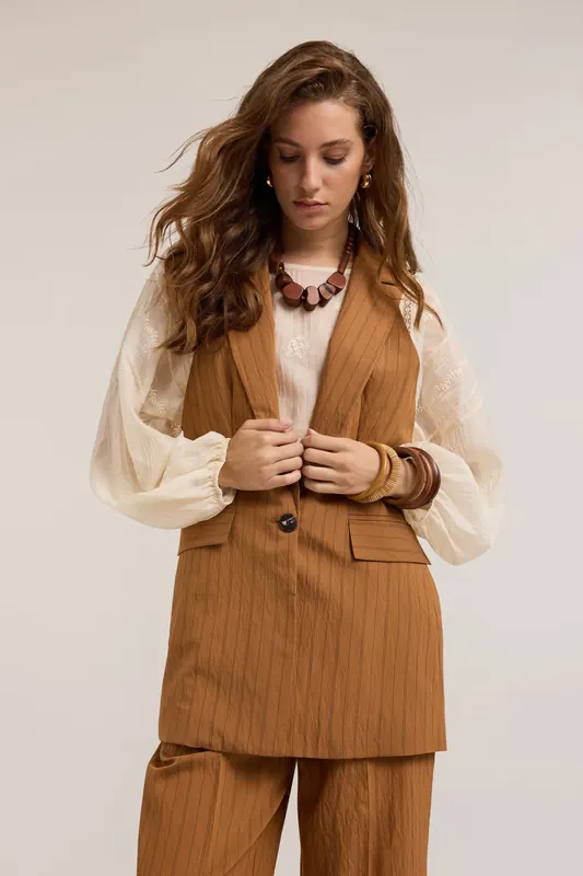 Motivi Single-breasted Striped Modal Blend Waistcoat Brown Maat: S | Gilets Outlet | Dames | Bruin