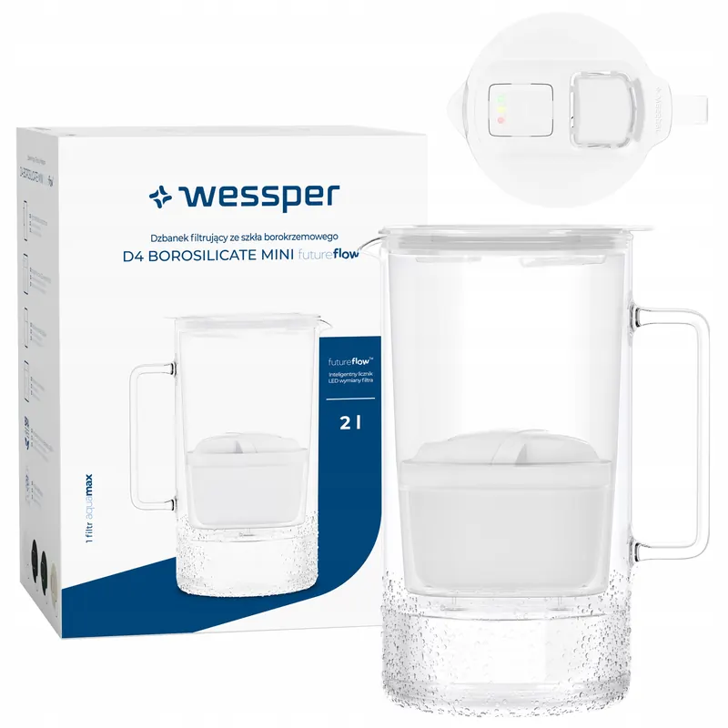 Dzbanek filtrujący szklany 2L Wessper WES208-FF-WH Mini filtr wskaźnik