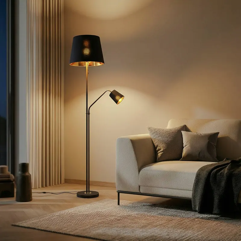 Lampa podłogowa Lindby Efalia, czarny/złoty, tekstylna, lampka do czytania