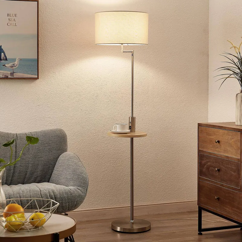 Lampa podłogowa Lindby Zinia, kolor nikiel, półka, złącze USB