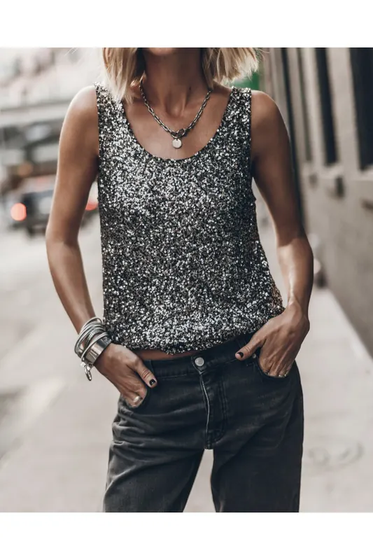 Mikuta The Dark Sequin Base Tank Top Maat: XS | Mouwloze Tops Outlet | Dames | Zilver