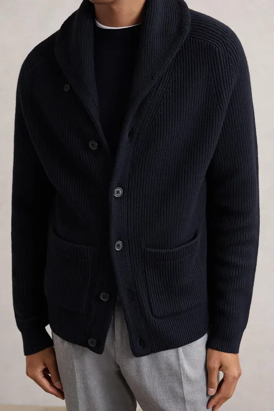 Reiss Ls Shawl Collar Ribbed Cardigan Navy Maat: S | Cardigans Outlet | Heren | Blauw