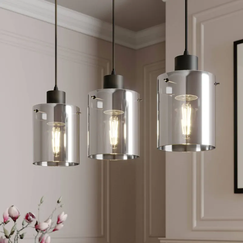 Lampa wisząca Lindby Kourtney, 3-punktowa, czarny/szary, szkło, E27