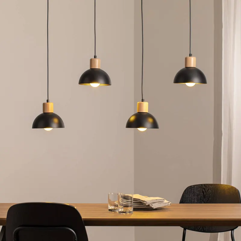 Lampa wisząca Seco, długość 90 cm, czarny, metal/drewno, 4-punktowa.