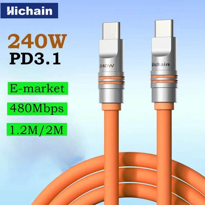 Kabel Hichain PD240W USB C do szybkiego ładowania, miękki silikonowy kabel typu C do iPhone'a, laptopów, tabletów, słuchawek, 1,2 m/2 m