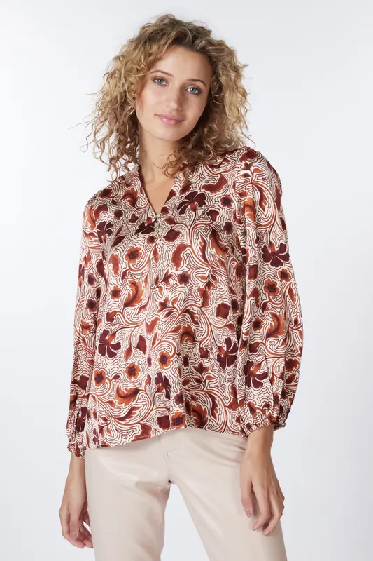 EsQualo Blouse V-neck Autumn Flower Print Print Maat: 36 | Longsleeves Outlet | Dames | Beige