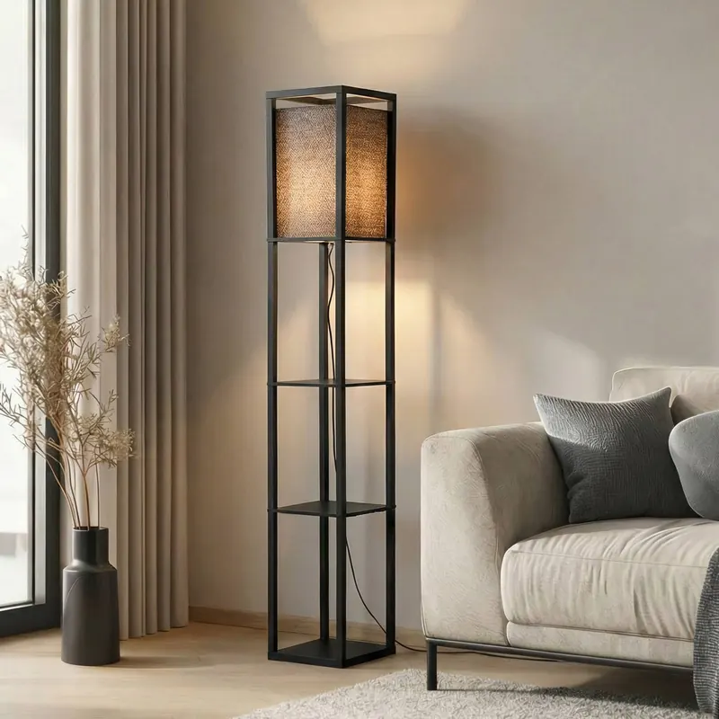 Lindby Lampa stojąca Birta, czarna, półka, drewno, 159 cm
