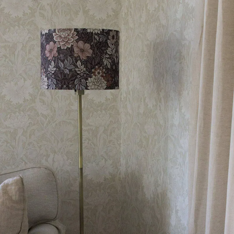 Lampa stojąca Amy, Dahlia brązowo-złota, wysokość 150 cm, tkanina, E27