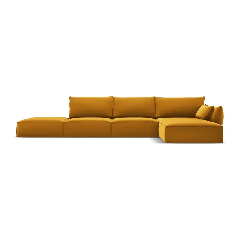 Musztardowy aksamitny narożnik (prawostronny/z szezlongiem) Vanda – Mazzini Sofas