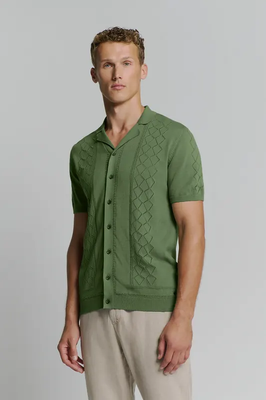 No Excess Pullover Short Sleeve Full Button Polo Solid Jacquard Green Maat: M | Casual Overhemden Outlet | Heren | Groen