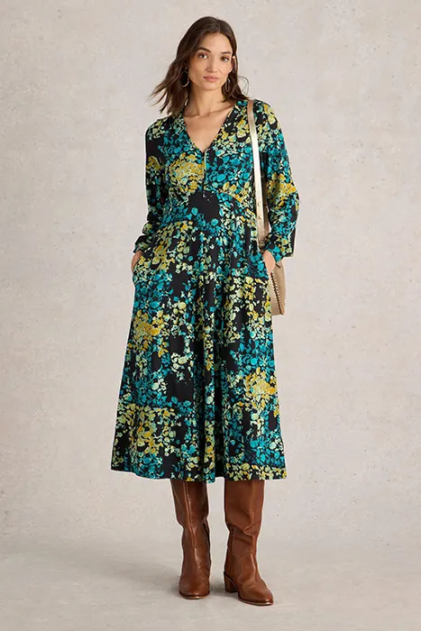 White Stuff Megan Jersey Midi Dress Black Print Maat: 14 PETITE | Midi Jurken Outlet | Dames | Zwart