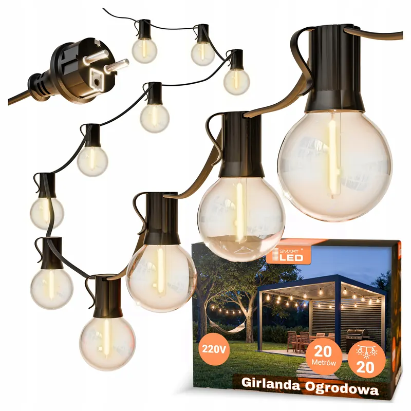 Girlanda Ogrodowa Świetlna 20M 20X Żarówka Led E12 Lampki Ogrodowe Wiszące