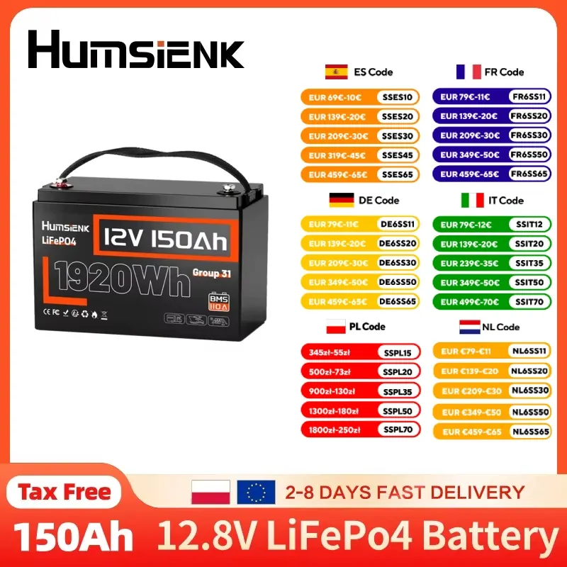 Akumulator litowo-żelazowo-fosforanowy (LiFePO4) Humsienk 12V 150Ah z zabezpieczeniem przed niską temperaturą, akumulator głębokiego cyklu z możliwością ładowania, z BMS 110A do zastosowań solarnych