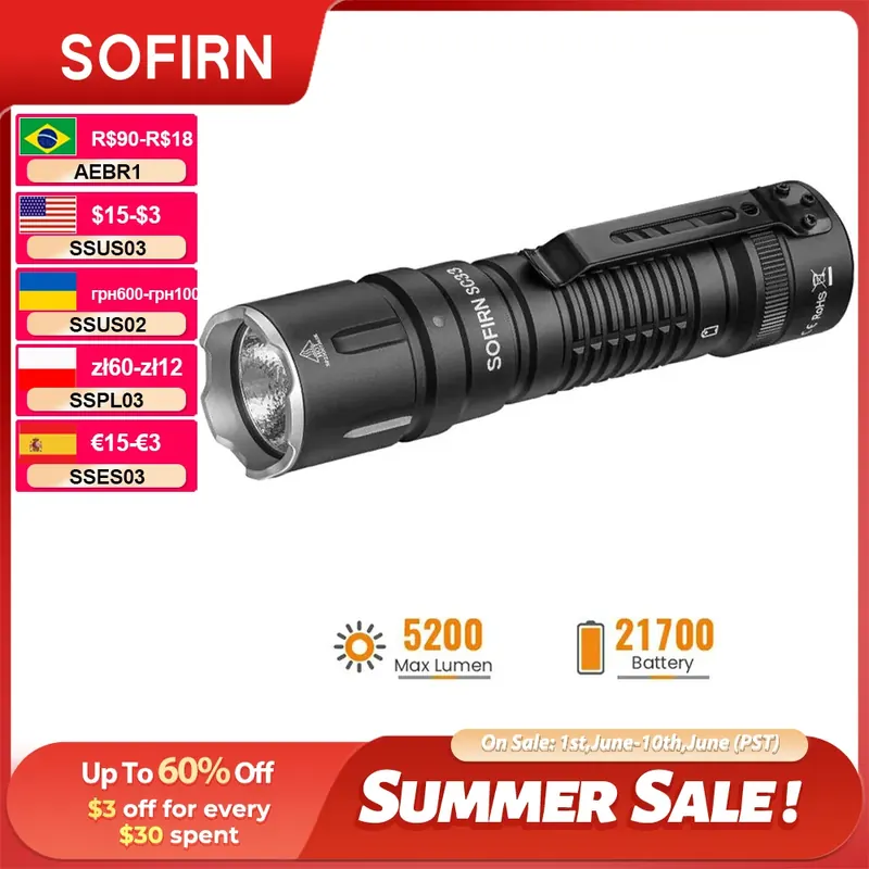 Latarka taktyczna LED SOFIRN SC33 XHP70.3 HI 5200lm, mocna, ładowana przez USB-C, zasilana baterią 21700, z przełącznikiem E-switch, do użytku na zewnątrz.