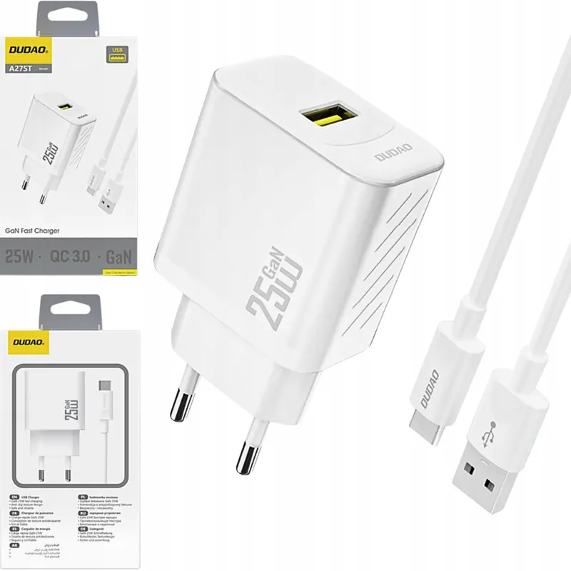 Szybka Ładowarka Do Telefonu 25W GaN Usb-a z kablem Usb-a Usb-c Kostka