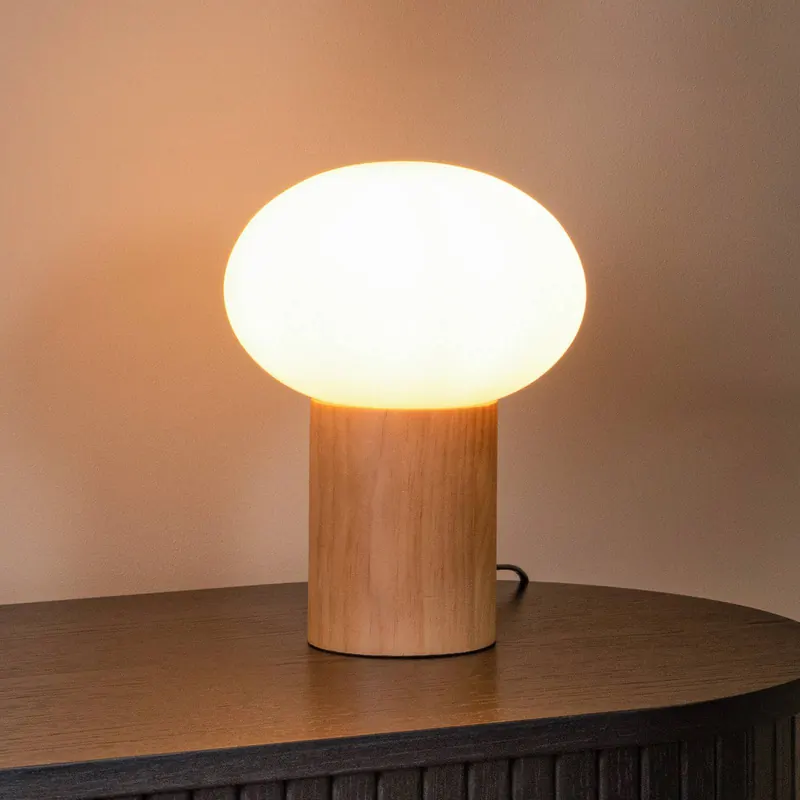 Lampa stołowa Birtle, wysokość 23 cm, biała/jasne drewno, drewno/szkło