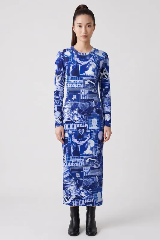 Moschino Digital Heart Lightweight Fleece Dress Blue Maat: M | Maxi Jurken Outlet | Dames | Blauw