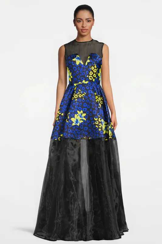 Marcell von Berlin Women‘s Floral Fabric Evening Gown Blue Lilly Print/ Black Maat: 36 | Maxi Jurken Outlet | Dames | Blauw