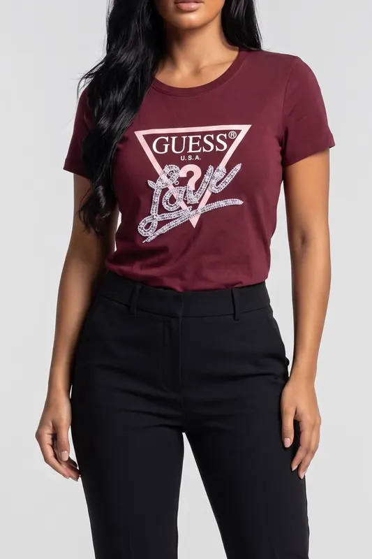 GUESS Ss Cn Pearls Love Tr Red Noir Maat: S | Tops Outlet | Dames | Rood