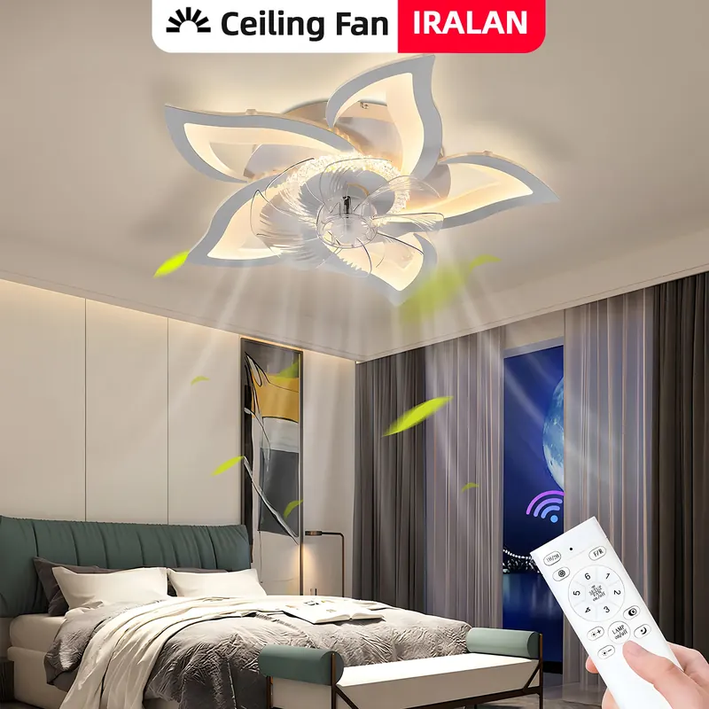 Lampa sufitowa z wentylatorem IRALAN, sterowana aplikacją i pilotem, ściemnialna, cicha, z silnikiem DC, odpowiednia do salonu i sypialni.