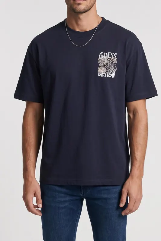 GUESS Ss Cn Flower Tee Smart Blue Maat: S | Basic T-Shirts Outlet | Heren | Blauw