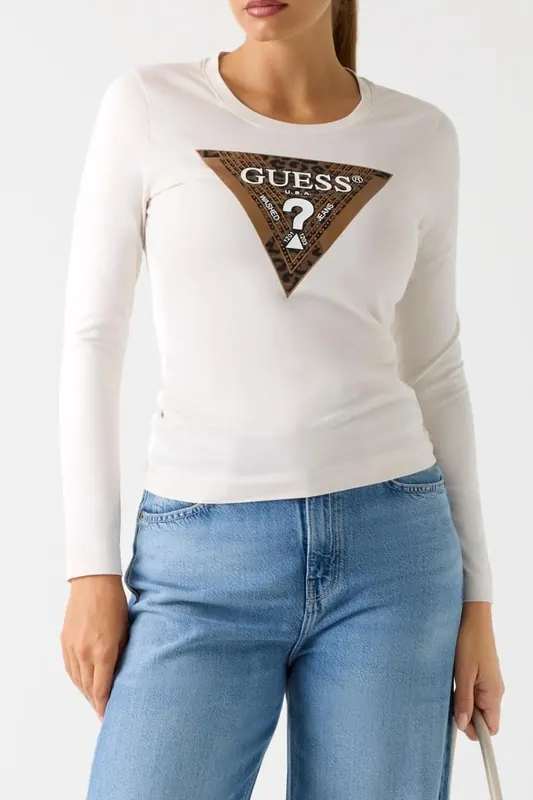 GUESS Ls Cn Leo Triangle T Cream White Maat: XXL | Tops Outlet | Dames | Wit
