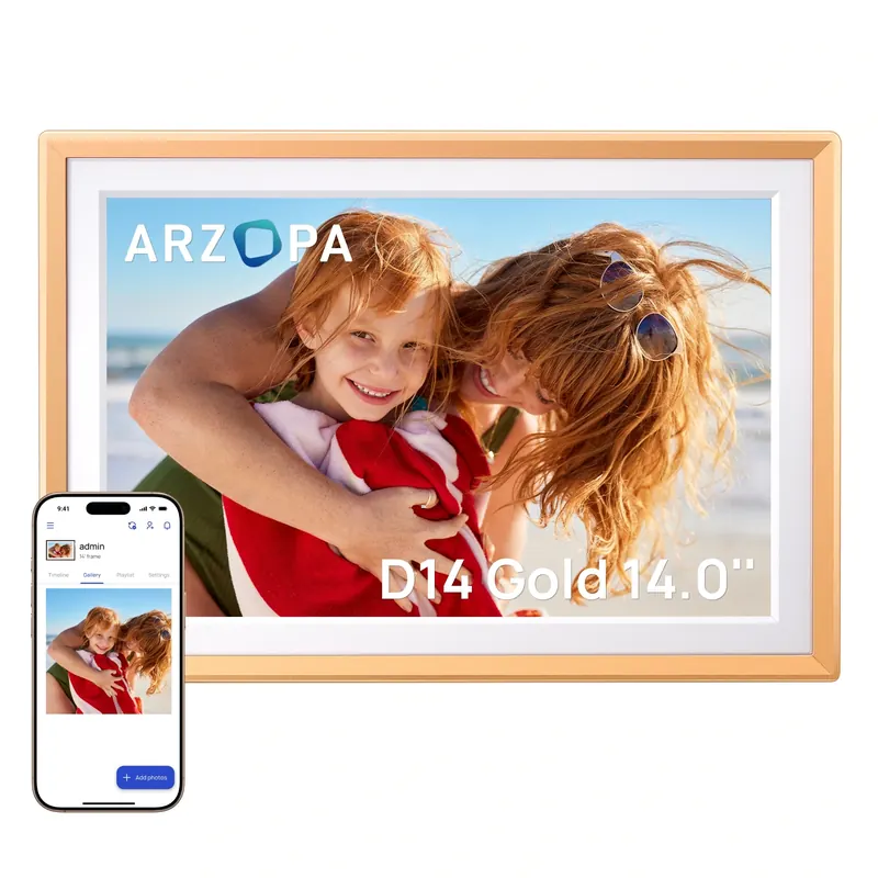 ARZOPA 14-calowa cyfrowa ramka na zdjęcia, nieograniczony, darmowy schowek w chmurze, WiFi, ekran dotykowy IPS HD, zdalne udostępnianie zdjęć i filmów, automatyczne obracanie