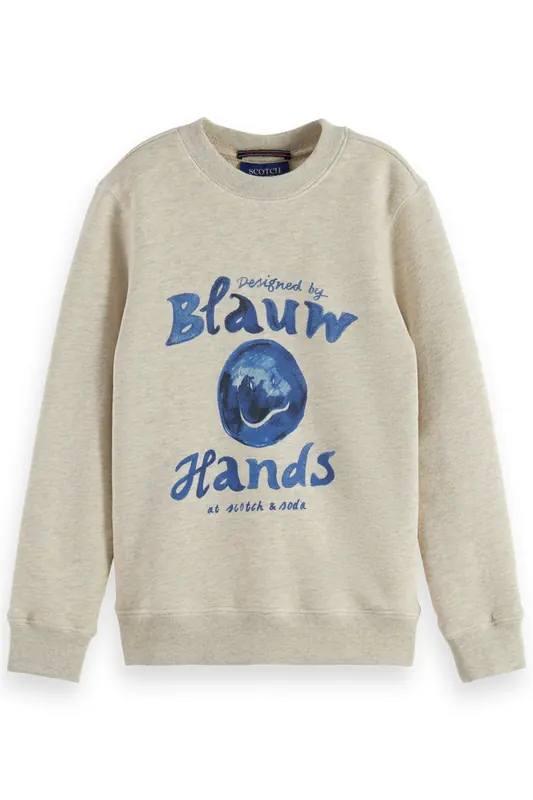 Scotch & Soda Boy Denim Washed Artwork Sweatshirt Ecru Melange Maat: 10 | Sportkleding Outlet | kids | Blauw