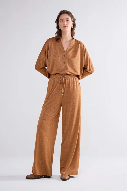Summum Woman Flared Pants Fine Lurex Jersey Caramel Coffee Maat: L | Wijde Broeken Outlet | Dames | Bruin