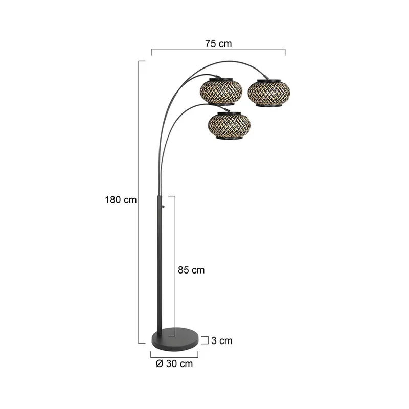 Lampa podłogowa Nox Light 3-punktowa, czarna, z plecionką bambusową, E27