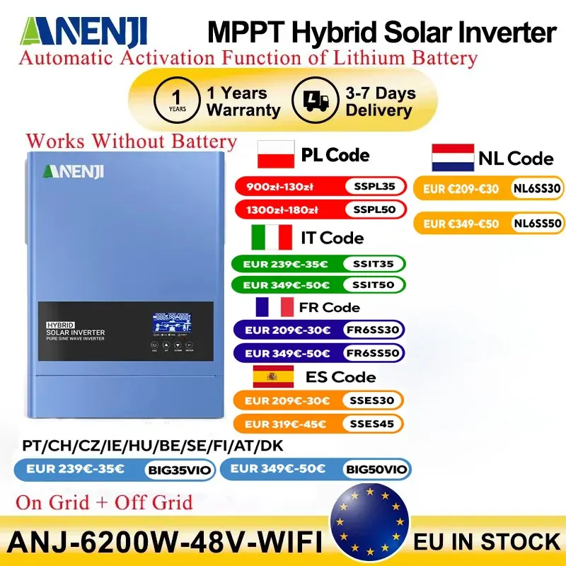 ANENJI 6.2KW 48V Hybrydowy Inwerter Solarny 4.2KW 24V 230V MPPT Czysta Sinusoida Sieciowy i Autonomiczny 120A 100A Ładowarka Solarna PV 500V z WIFI