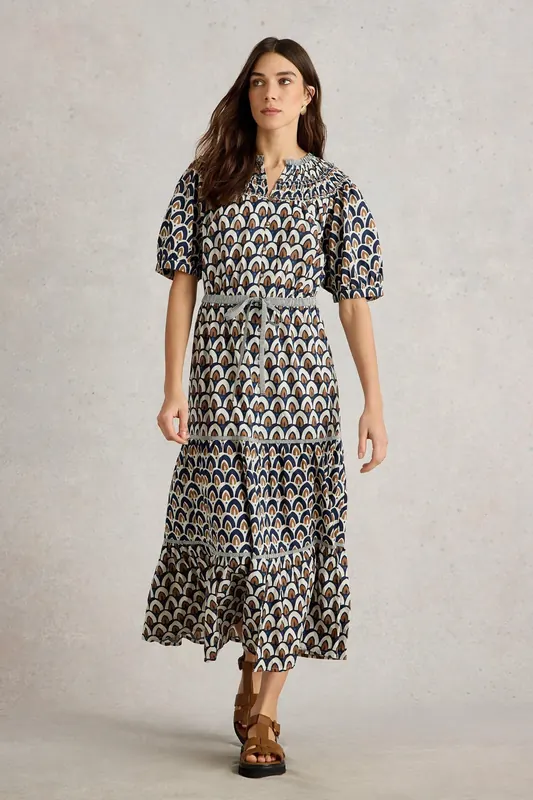 White Stuff Ariel Tiered Woven Dress Navy Print Maat: 16 REGULAR | Maxi Jurken Outlet | Dames | Blauw